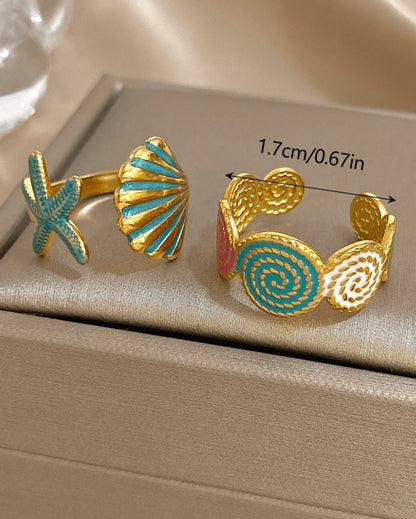 SHEIN ing Set 18K Gold Plated Stainless Steel Ocean Chic Adjustable Opening Rings Starfish & Shell Statement Rings