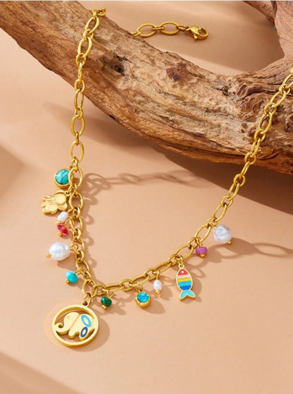 SHEIN 1pc Colored Oil Drip Elephant & Fish Pearl Pendant Stainless Steel Chain Necklace
