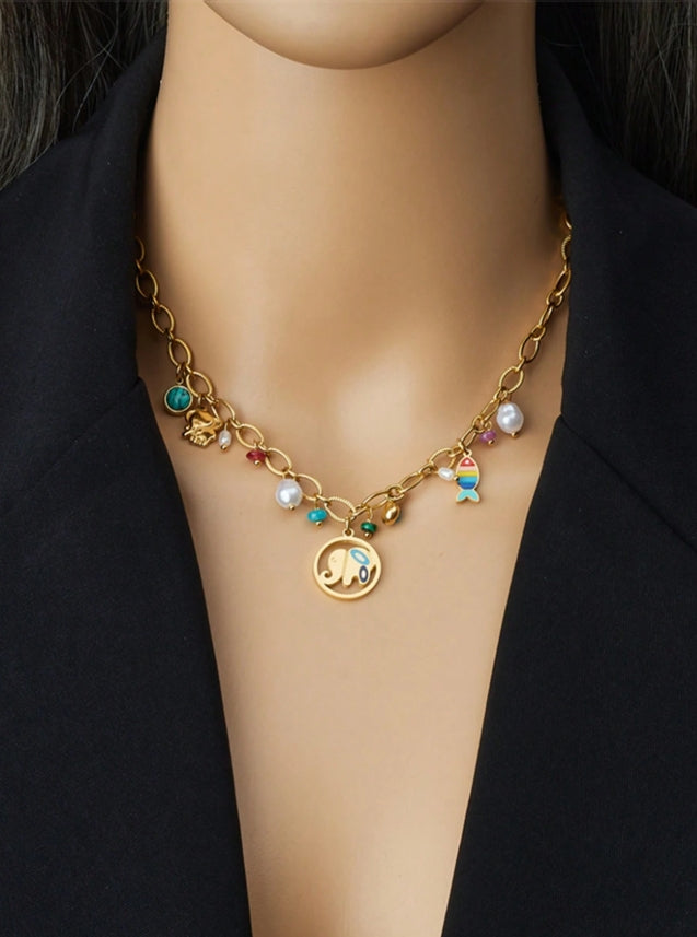 SHEIN 1pc Colored Oil Drip Elephant & Fish Pearl Pendant Stainless Steel Chain Necklace