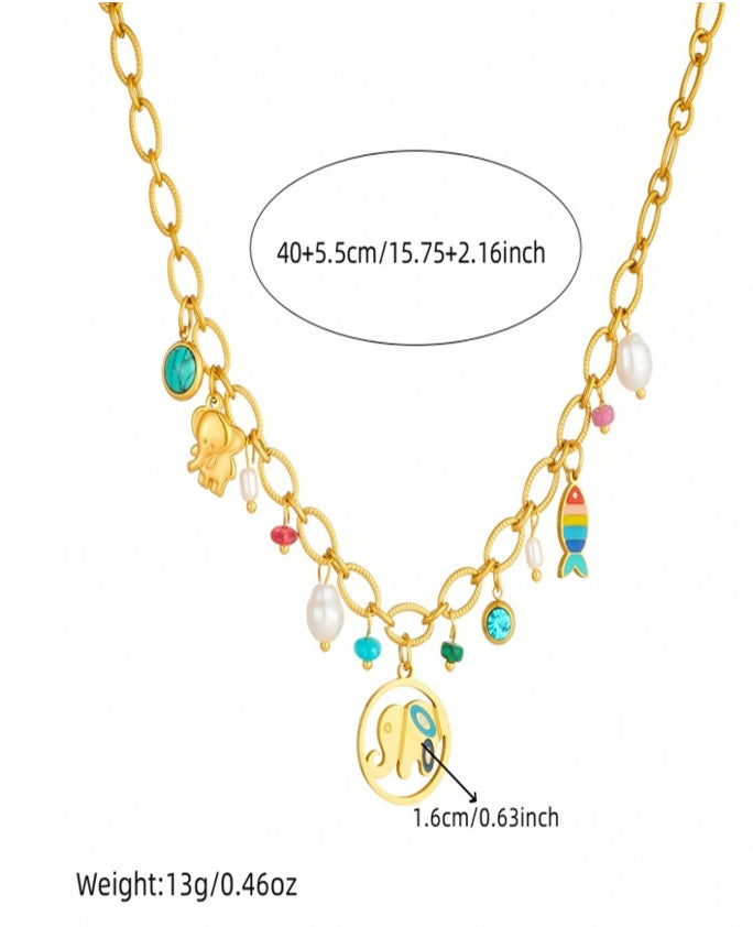 SHEIN 1pc Colored Oil Drip Elephant & Fish Pearl Pendant Stainless Steel Chain Necklace