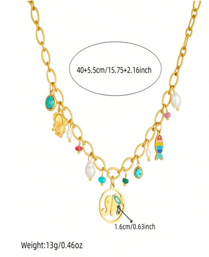SHEIN 1pc Colored Oil Drip Elephant & Fish Pearl Pendant Stainless Steel Chain Necklace