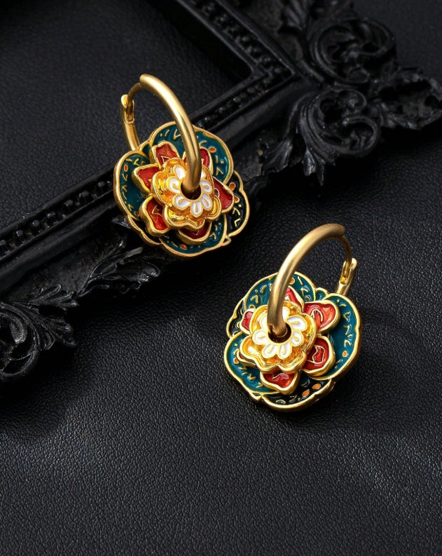 SHEIN 1 Pair Copper Alloy Macaroon Series Golden Enamel Four-Leaf Clover