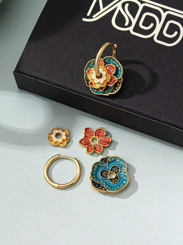 SHEIN 1 Pair Copper Alloy Macaroon Series Golden Enamel Four-Leaf Clover