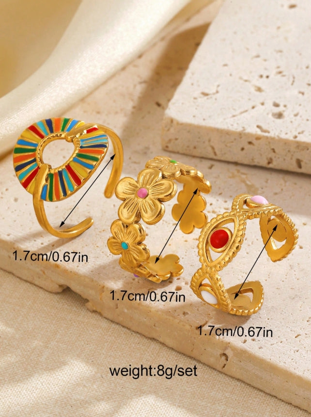 SHEIN 3pcs/Set Stainless Steel Minimalist Colorful Enamel Round Floral Open Ring Set,