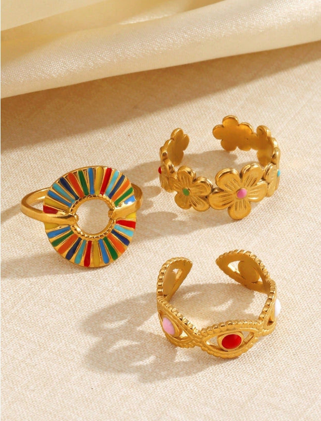 SHEIN 3pcs/Set Stainless Steel Minimalist Colorful Enamel Round Floral Open Ring Set,