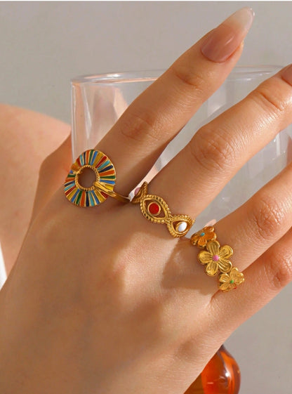 SHEIN 3pcs/Set Stainless Steel Minimalist Colorful Enamel Round Floral Open Ring Set,