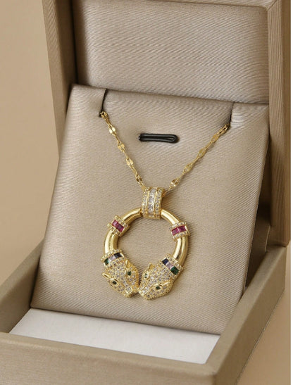 SHEIN 1pc Fashion Stylish Full Rhinestone Double-Headed Animal Round Stainless Steel Unisex Necklace