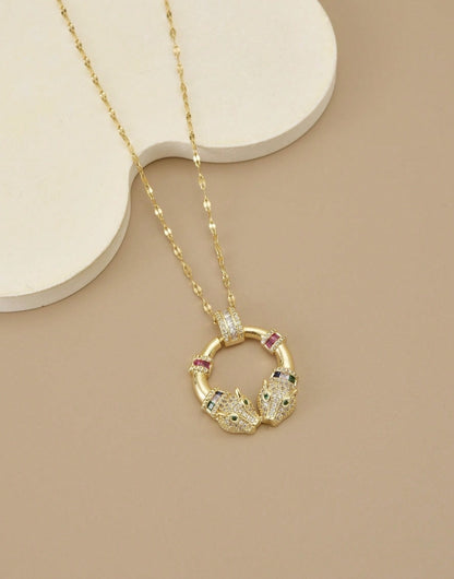 SHEIN 1pc Fashion Stylish Full Rhinestone Double-Headed Animal Round Stainless Steel Unisex Necklace