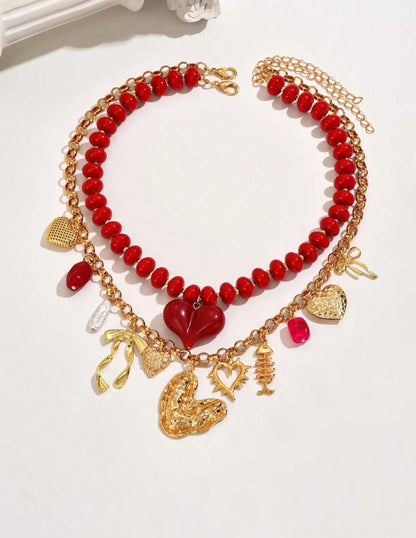 SHEIN 1pc Or More European And American Exaggerated Sexy Red Heart Resin Beaded, Natural Small Stones, Gold Bow Heart Box