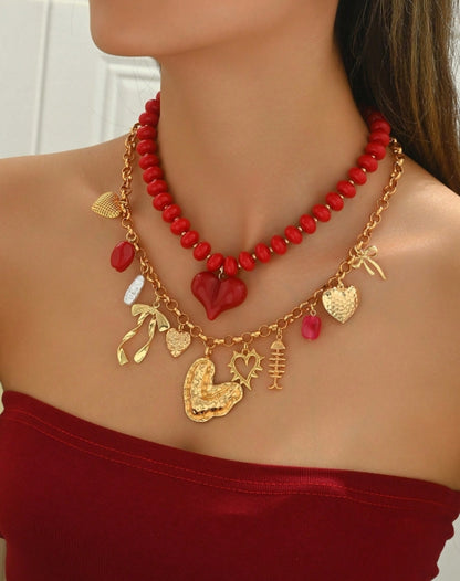 SHEIN 1pc Or More European And American Exaggerated Sexy Red Heart Resin Beaded, Natural Small Stones, Gold Bow Heart Box