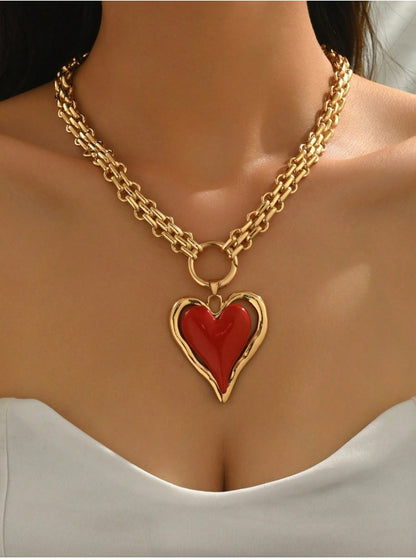SHEIN 1pc Chunky Jewelry Luxurious Heavy Metal Necklace, Exaggerated Personalized Red Big Heart Pendant Necklace,