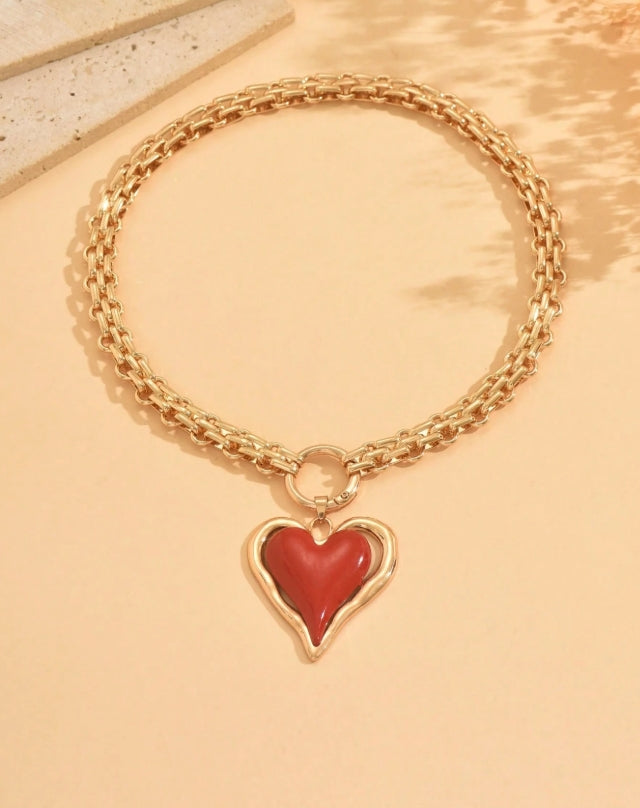 SHEIN 1pc Chunky Jewelry Luxurious Heavy Metal Necklace, Exaggerated Personalized Red Big Heart Pendant Necklace,