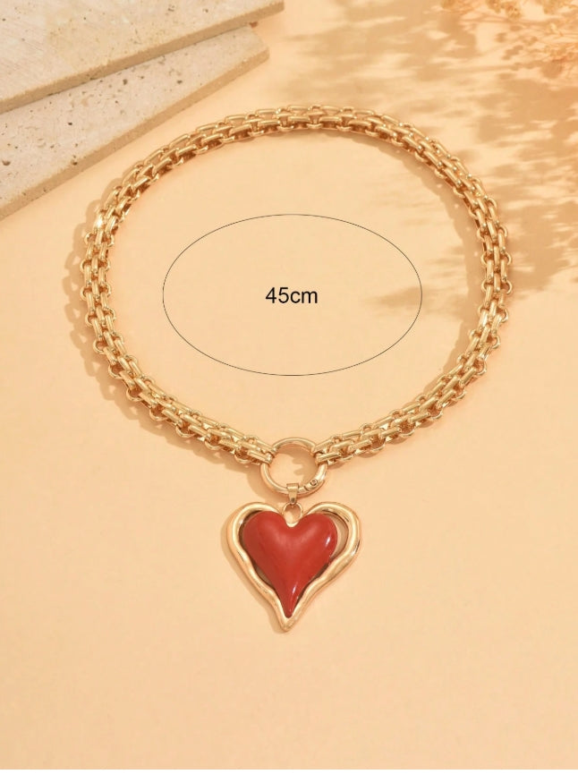 SHEIN 1pc Chunky Jewelry Luxurious Heavy Metal Necklace, Exaggerated Personalized Red Big Heart Pendant Necklace,