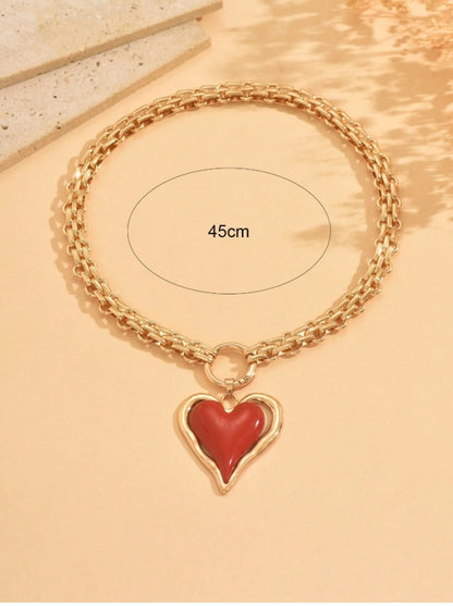 SHEIN 1pc Chunky Jewelry Luxurious Heavy Metal Necklace, Exaggerated Personalized Red Big Heart Pendant Necklace,