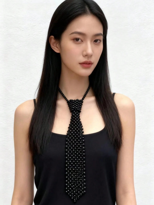 SHEIN 1pc Women's Korean Style Vintage Handmade Braided Pearl & Hollow Out Collar, With Necktie Accessory