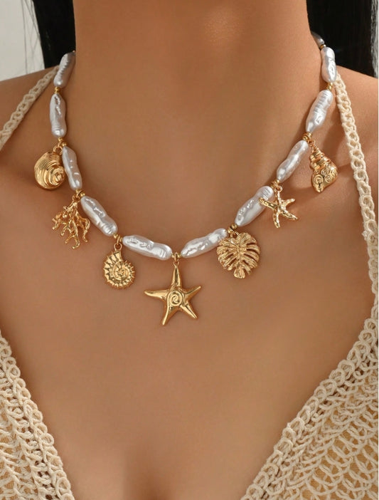 SHEIN  1pc Summer Ocean Style Pendant Necklace, Fashion Faux Pearl CCB Beaded Necklace