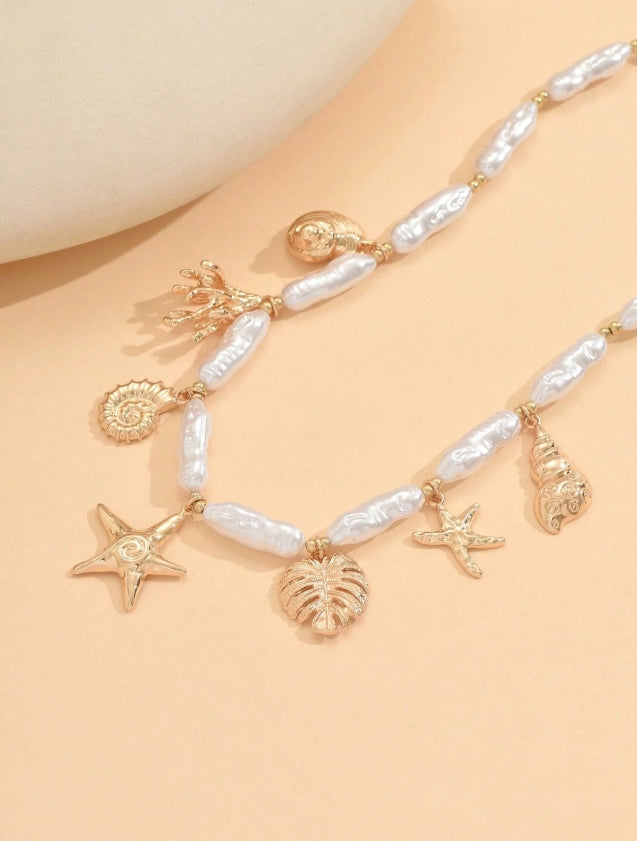 SHEIN  1pc Summer Ocean Style Pendant Necklace, Fashion Faux Pearl CCB Beaded Necklace