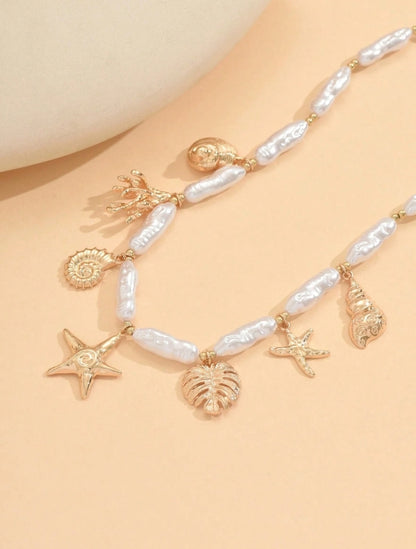 SHEIN  1pc Summer Ocean Style Pendant Necklace, Fashion Faux Pearl CCB Beaded Necklace