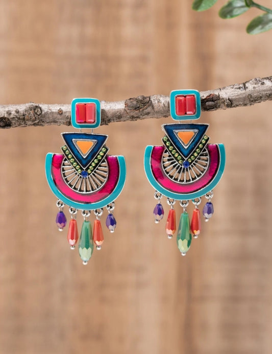 SHEIN 1 Pair Handmade Bohemian Enamel Crystal Drop Earrings, Floral Pattern And Color Placement