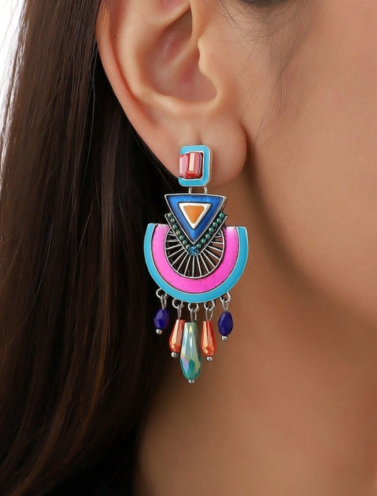 SHEIN 1 Pair Handmade Bohemian Enamel Crystal Drop Earrings, Floral Pattern And Color Placement