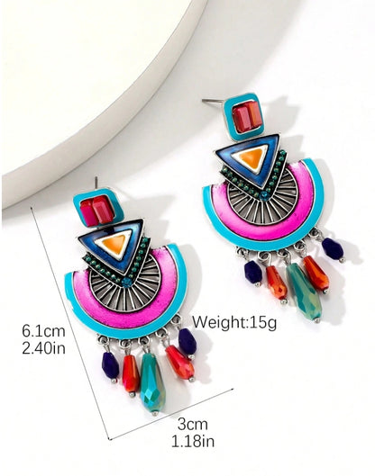 SHEIN 1 Pair Handmade Bohemian Enamel Crystal Drop Earrings, Floral Pattern And Color Placement