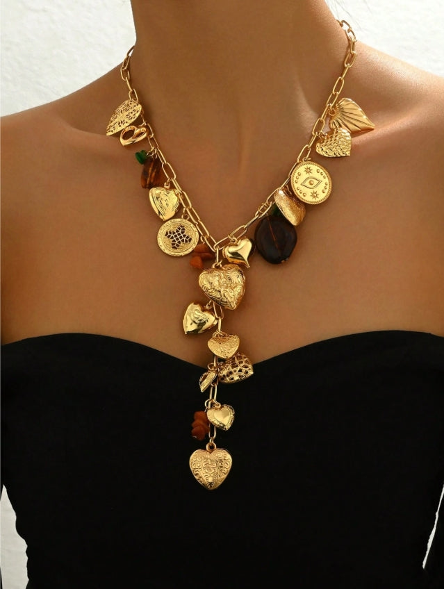 SHEIN 1pc Premium Gold Multi-Heart Box & Love Tree Design Pendant Long Necklace