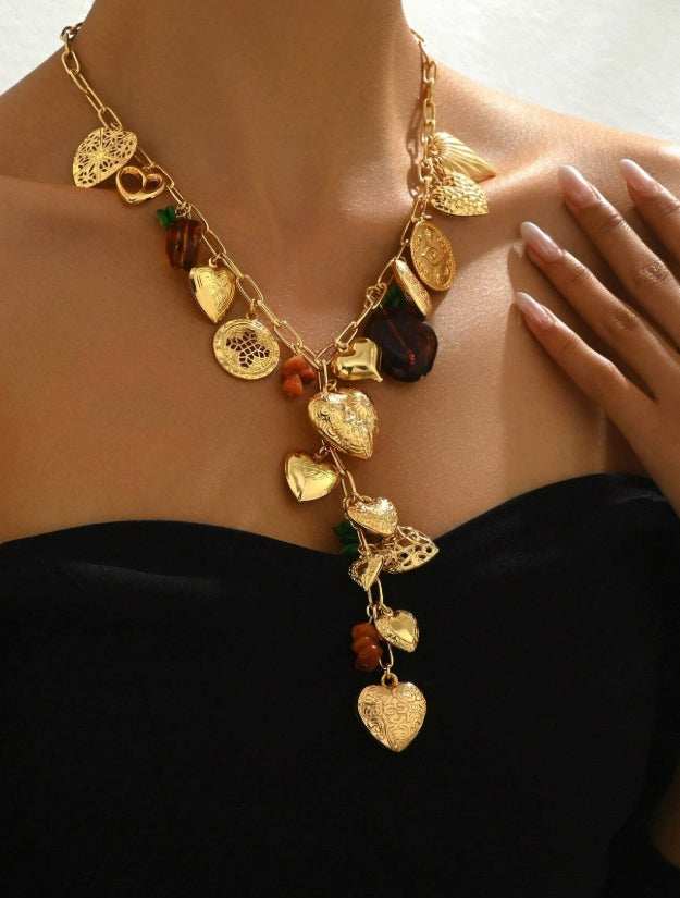 SHEIN 1pc Premium Gold Multi-Heart Box & Love Tree Design Pendant Long Necklace