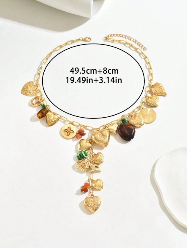 SHEIN 1pc Premium Gold Multi-Heart Box & Love Tree Design Pendant Long Necklace
