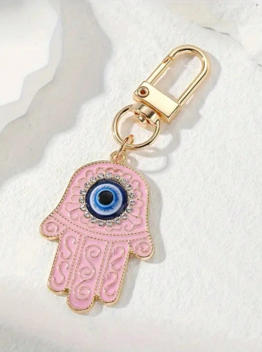 SHEIN Golden Sparkling Hollow Eye Keychain For Women, Zirconia Blue Eye Bag, Car Earphone Box