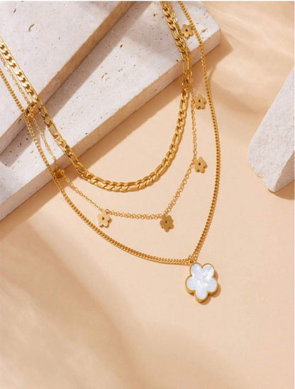 SHEIN 1pc Multilayered Retro Style Shiny Shell Flower Pendant Stainless Steel Chain Necklace