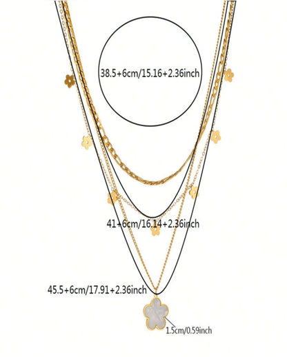 SHEIN 1pc Multilayered Retro Style Shiny Shell Flower Pendant Stainless Steel Chain Necklace