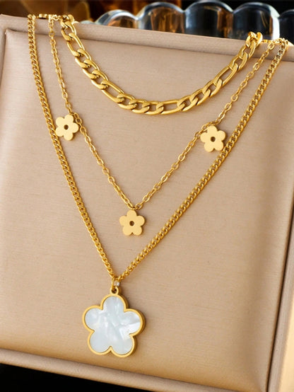 SHEIN 1pc Multilayered Retro Style Shiny Shell Flower Pendant Stainless Steel Chain Necklace
