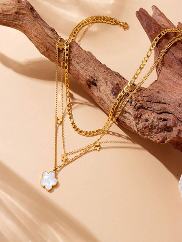 SHEIN 1pc Multilayered Retro Style Shiny Shell Flower Pendant Stainless Steel Chain Necklace