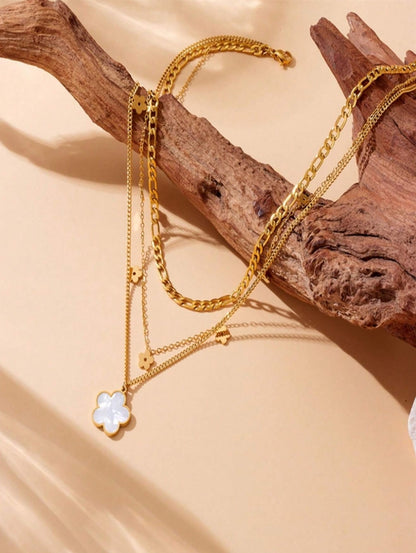 SHEIN 1pc Multilayered Retro Style Shiny Shell Flower Pendant Stainless Steel Chain Necklace