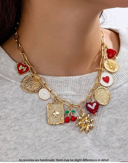 SHEIN Fashionable Multi-Pendant Necklace With Cherry, Heart, Glass Beads, Clock Charm