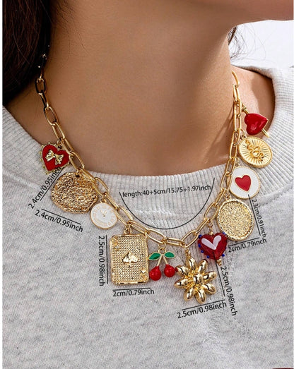 SHEIN Fashionable Multi-Pendant Necklace With Cherry, Heart, Glass Beads, Clock Charm