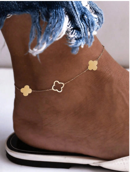 SHEIN 1pc Lucky Clover Leaf Pendant Anklet, Stainless Steel Material,