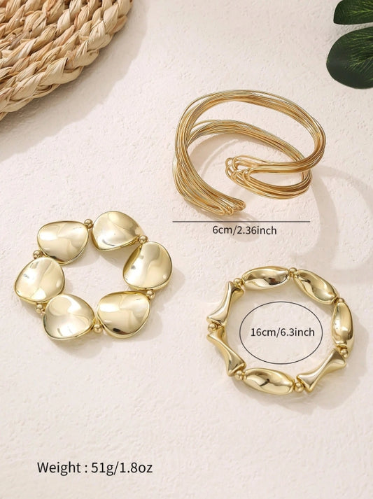 SHEIN 3pcs Fashionable Asymmetrical Shaped Bracelet & Bangle Set For Women, Suitable For Daily Wear