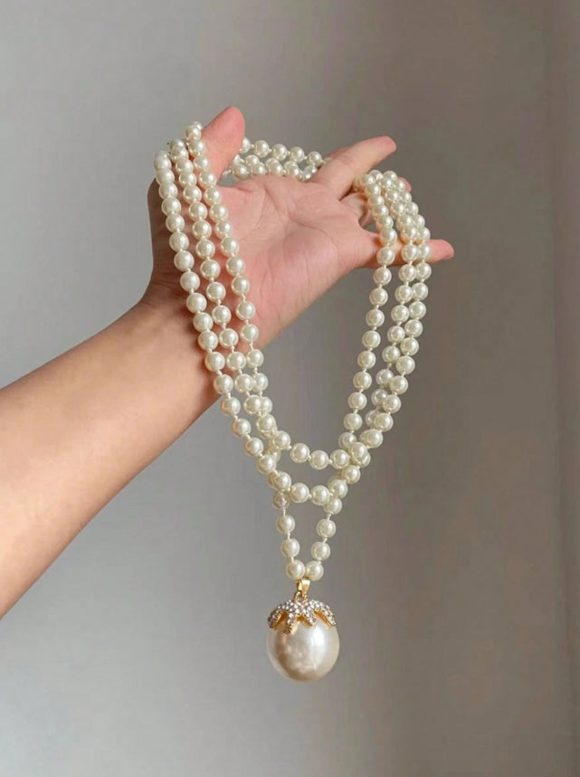 SHEIN 1pc Elegant Rhinestone Decor Faux Pearl Long Necklace For Women Daily