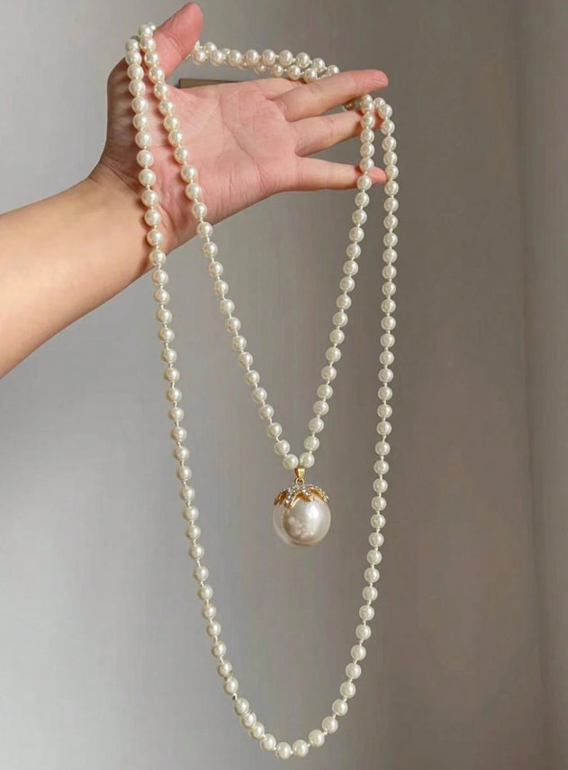 SHEIN 1pc Elegant Rhinestone Decor Faux Pearl Long Necklace For Women Daily
