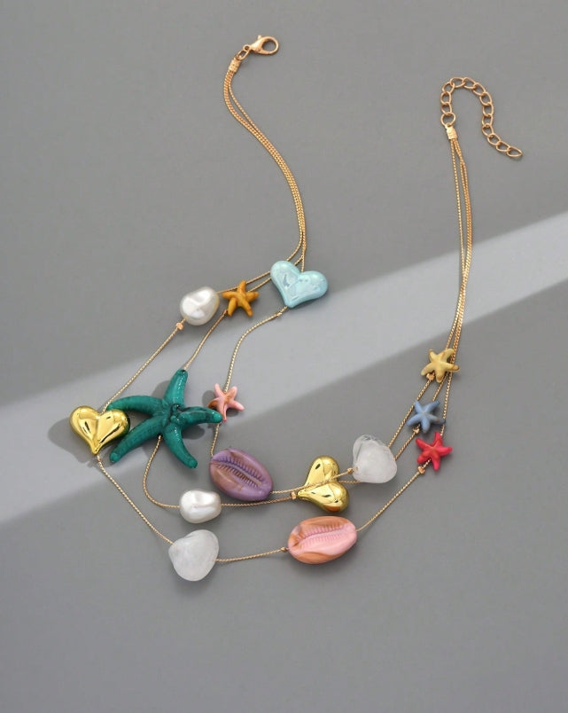 SHEIN 1pc Vacation Beach Style Multilayer Resin Shell, Sea Turtle & Star Pendant Necklace For Women