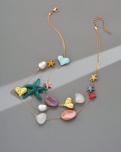 SHEIN 1pc Vacation Beach Style Multilayer Resin Shell, Sea Turtle & Star Pendant Necklace For Women