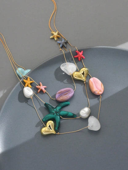 SHEIN 1pc Vacation Beach Style Multilayer Resin Shell, Sea Turtle & Star Pendant Necklace For Women