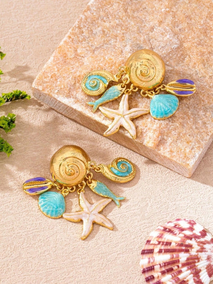 1 Pair Fashion Conch & Starfish Pendant Earrings