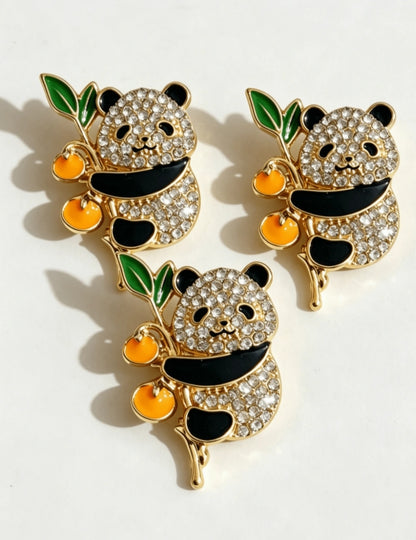 Cute Panda Brooch, Gold-Tone With Crystal Rhinestones And Enamel Persimmon,