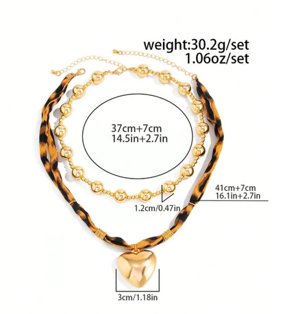 SHEIN 2pcs/Set Vintage Sexy Leopard Print Scarf Necklace, Fashion Heart Pendant Layered Choker Necklace