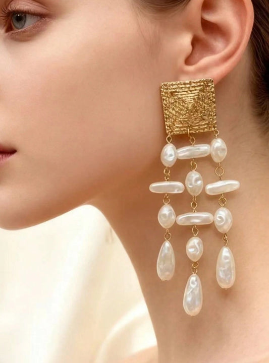 SHEIN Vintage European Asymmetrical Pearl Tassel Long Earrings, Women's Fashion Party Jewelry