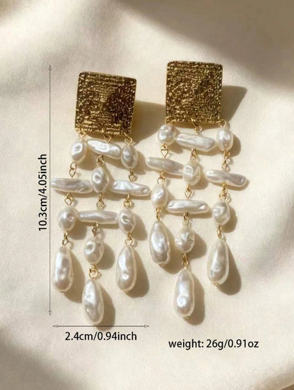 SHEIN Vintage European Asymmetrical Pearl Tassel Long Earrings, Women's Fashion Party Jewelry