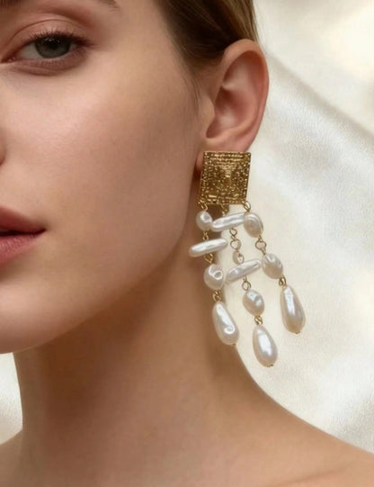 SHEIN Vintage European Asymmetrical Pearl Tassel Long Earrings, Women's Fashion Party Jewelry