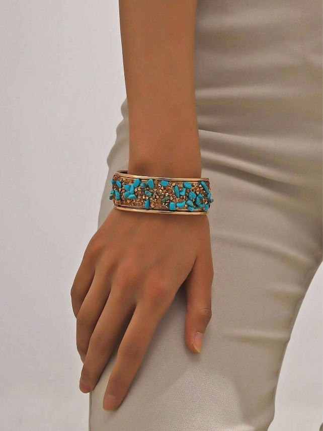 1pc Women's Colorful Natural Shell & Glass Crystal Cuff Bangle